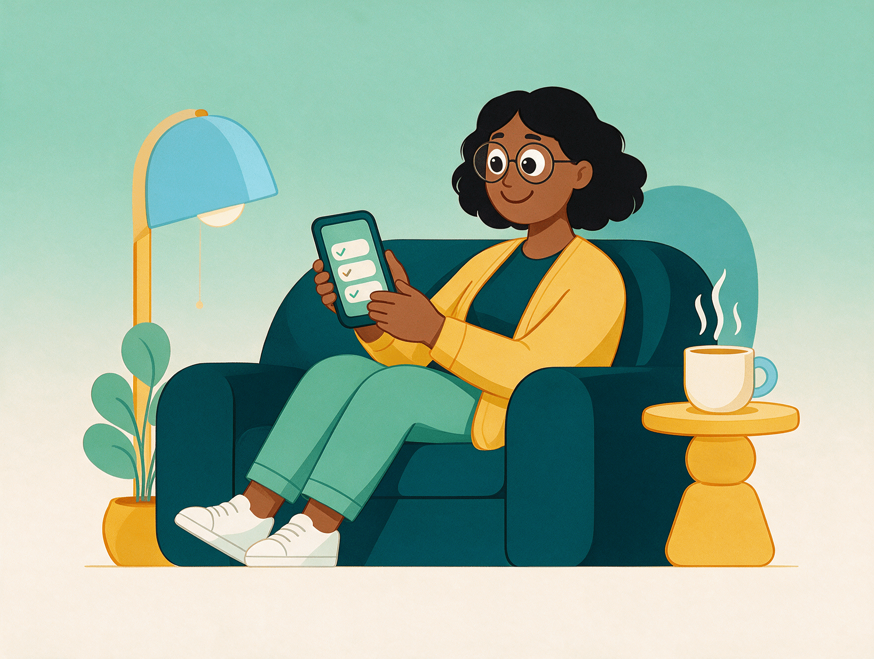 Illustration of a woman on her sofa answering a few quick questions on her phone