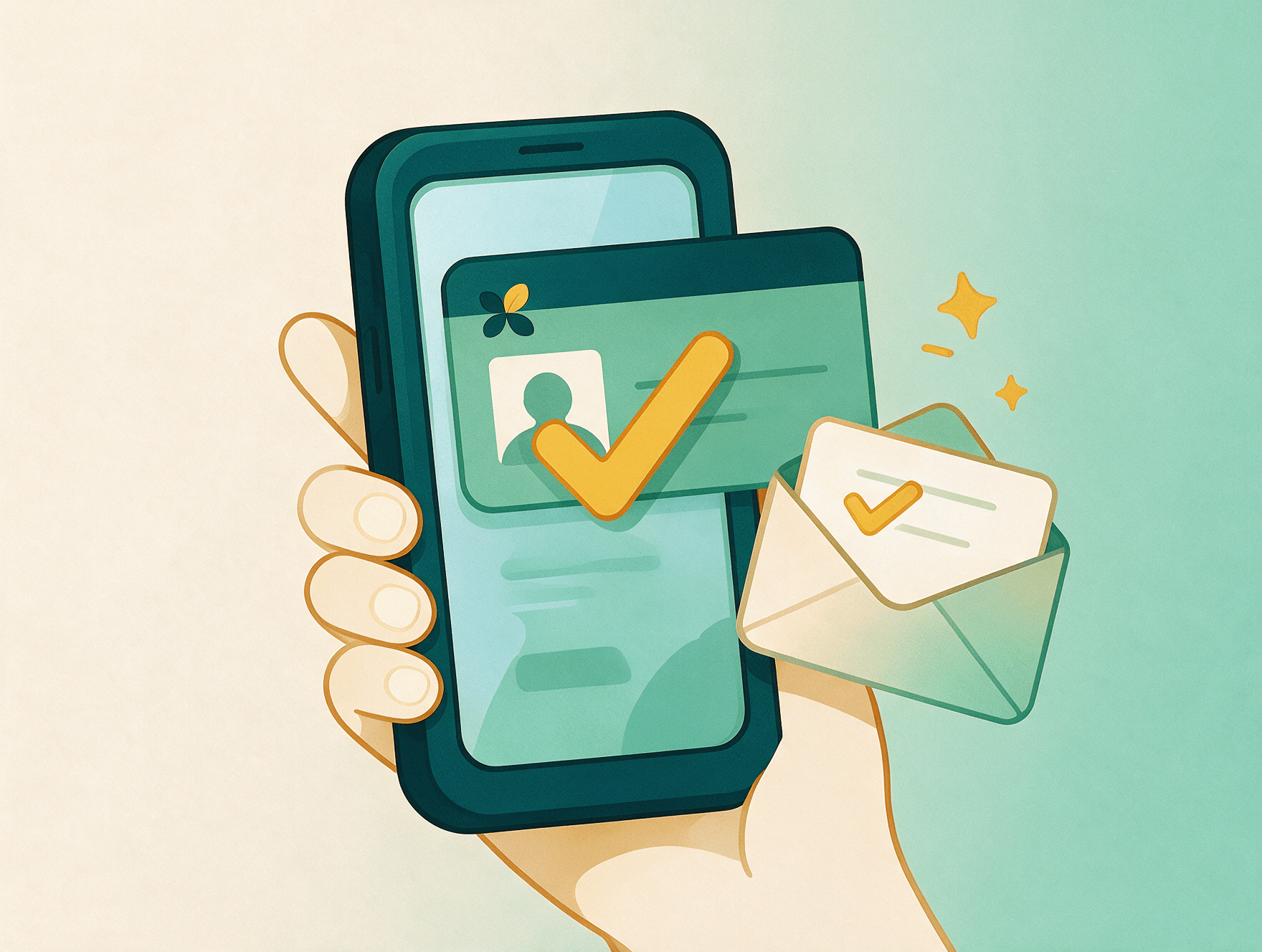Illustration of a phone showing a medical card with a check mark beside an email