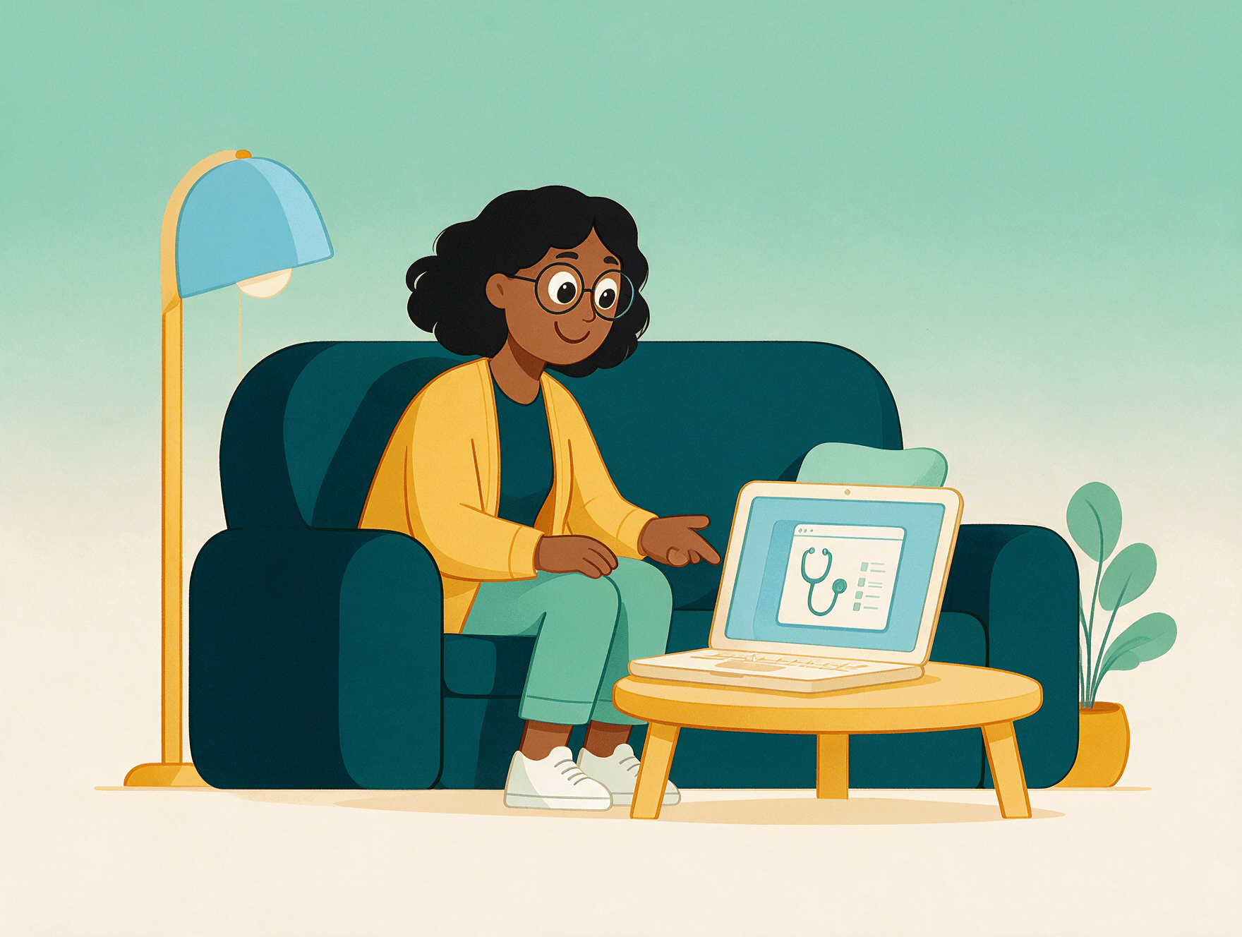 Illustration of a woman at home on a video visit on her laptop